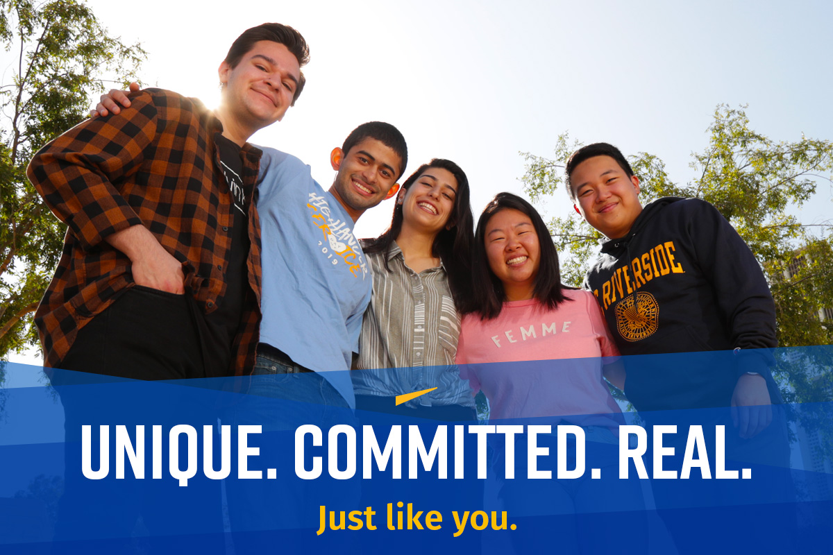 Diverse and friendly UCR students smile while hanging out on campus