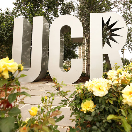 The UCR sculpture on the UC Riverside campus with flowers in bloom in the forefront