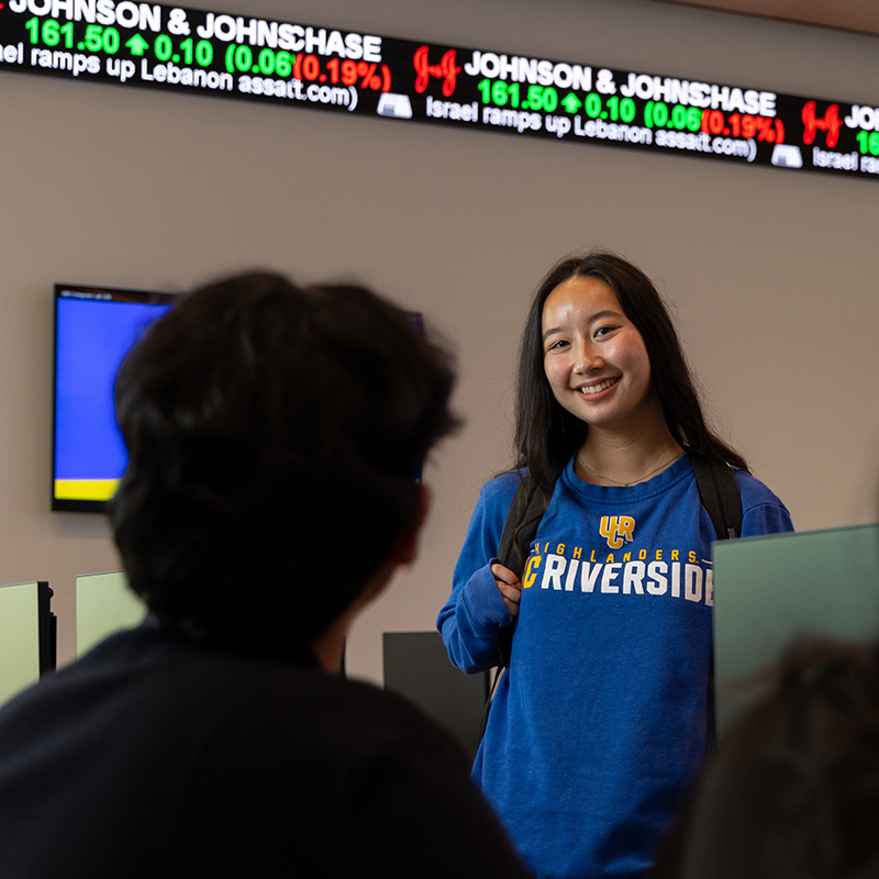 UCR student Brooke Tabata explores the new School of Business building on the UC Riverside campus. Tabata is a fourth-year business administration major.