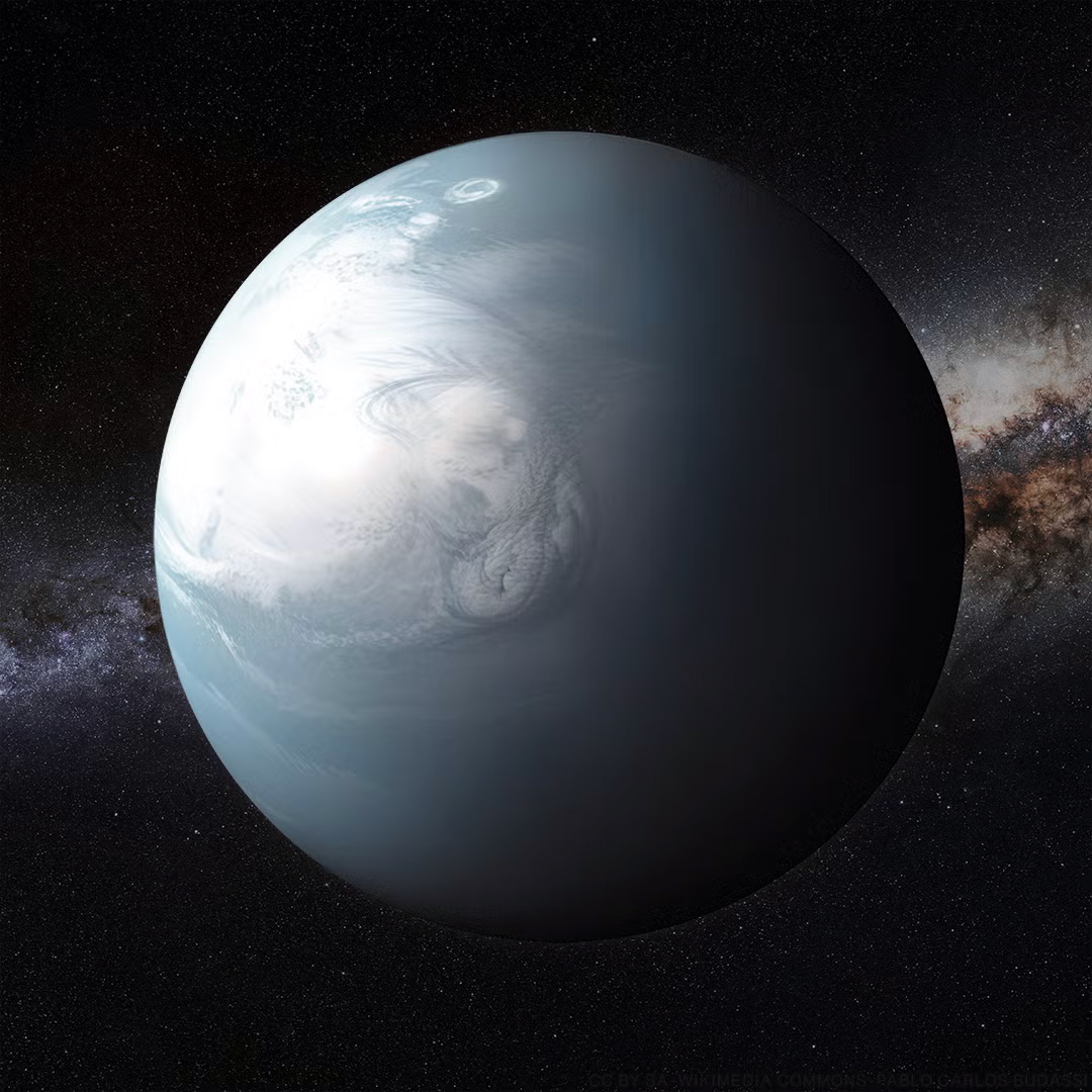 Artist's illustration of a Hycean world, where methyl halide gases would be detectable in the atmosphere. (Pablo Carlos Budassi)