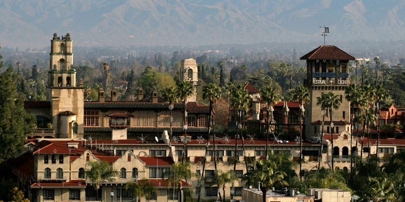 An aerial view of the Mission Inn at Downtown Riverside.